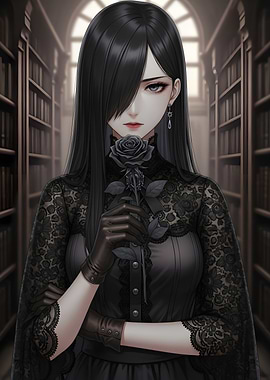 Gothic Anime Girl with Black Rose