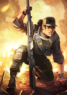 Female Soldier with Rifle in Combat