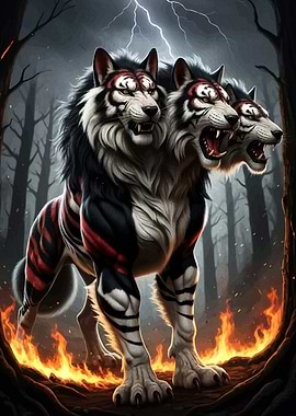 Three-Headed Tiger-Wolf in Fiery Forest