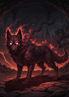 Fiery Wolf Dark Fantasy Landscape