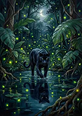 Black Panther in Jungle at Night