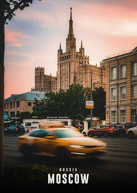 Moscow cityscape with blurred taxi