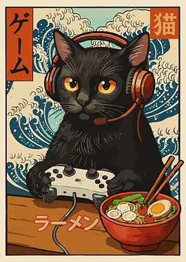 Gamer Black Cat with Ramen and Waves