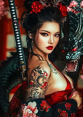 Asian Woman with Dragon and Katana