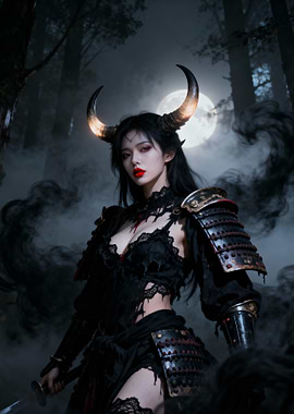 Horned Warrior Woman in Dark Forest