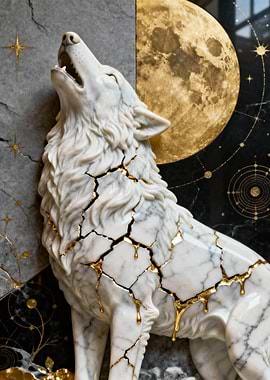 Marble Wolf Howling at Golden Moon