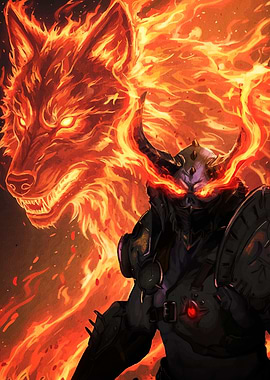Fiery Warrior and Wolf Companion