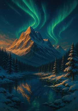 Aurora Borealis over Snowy Mountain Landscape