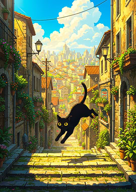 Black cat jumping in Italian alley