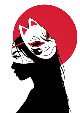 Woman with Kitsune Mask and Red Sun