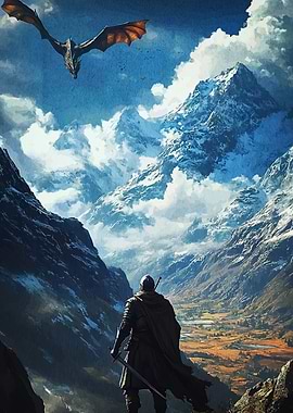 Dragon and Knight Mountain Landscape