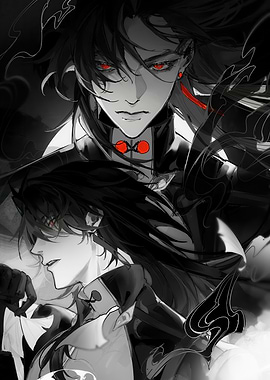 Monochrome Anime Characters with Red Accents