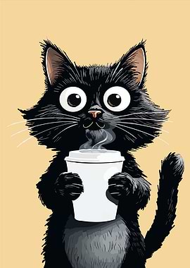 Cartoon Cat with Coffee Cup