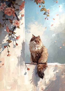Fluffy Cat with Flowers Painting