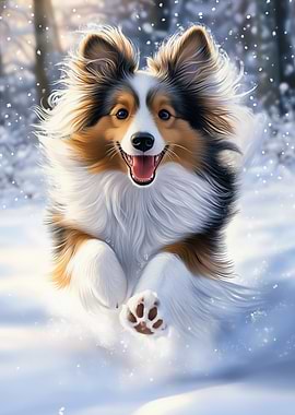 Shetland sheepdog Running in Snow