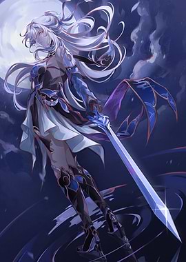 Anime Warrior with Sword under Moonlight