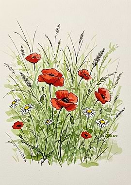 Red Poppies and Daisies Meadow