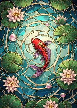 Koi Fish and Lily Pond Art
