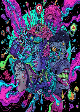 Psychedelic Faces with Brain and Question