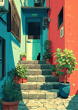 Japanese Alleyway with Black Cat