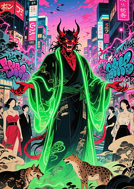 Cyberpunk Demon in Neon Cityscape