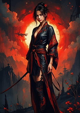 Samurai Woman in Red and Black