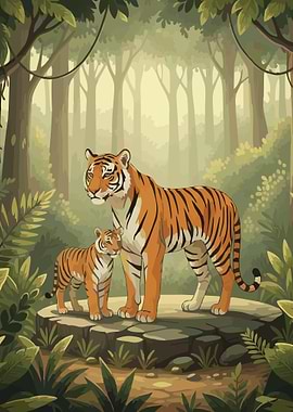 Tiger and Cub in Jungle Illustration