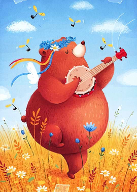 Bear playing banjo in flower field