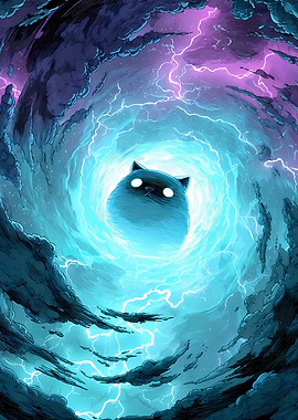 Cosmic Dark Cat in Stormy Fantasy Sky