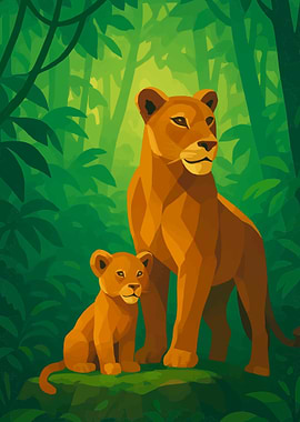 Lioness and Cub in Jungle