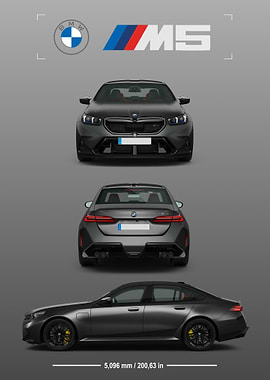 Gray BMW M5 Displayed in Front, Back, and Side Angles, Solid Gray Background