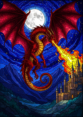 Red Dragon Fire Stained Glass Style