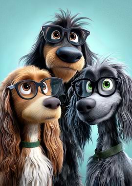 Three dogs wearing glasses
