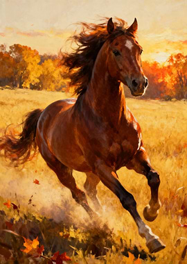 Running Horse in Autumn Landscape Painting