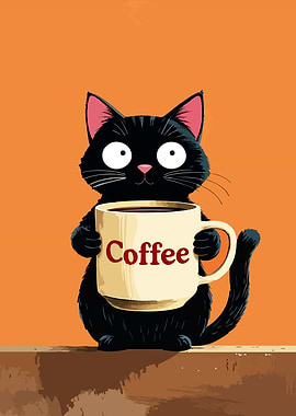Black Cat with Coffee Mug Illustration