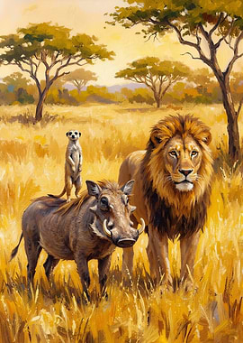 Lion, Warthog, and Meerkat in Savannah