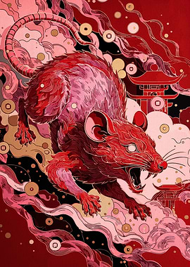 Red Rat Illustration with Asian Elements