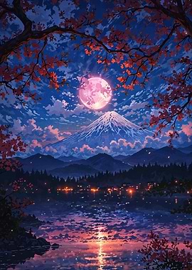 Mount Fuji under a Pink Moon