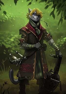Anthropomorphic Wolf Bard in Forest
