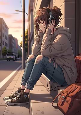 Anime Girl Listening to Music Outdoors