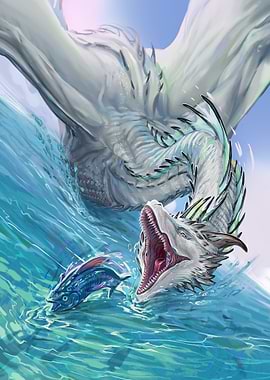 White Dragon Catching Fish in Water