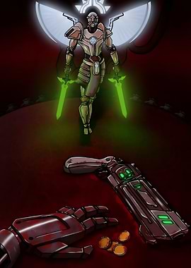 Cybernetic Warrior with Glowing Swords