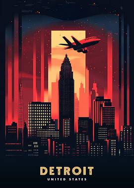 Detroit Skyline with Airplane Illustration
