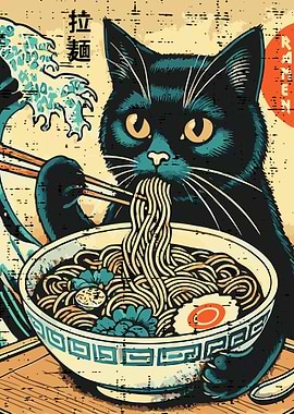 Cat Eating Ramen Ukiyo-e Style