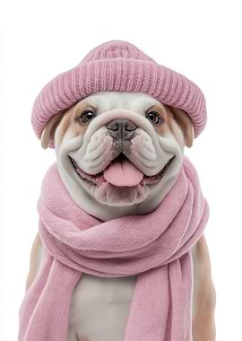Cozy Bulldog with Pink Hat and Scarf