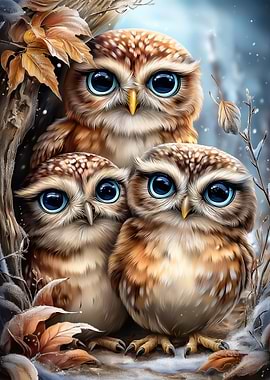 Three Cute Owls in Winter Scene