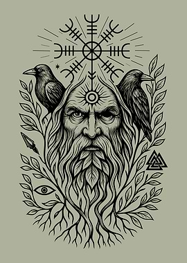 Odin with Ravens and Vegvisir Symbol