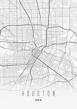 Houston, USA - Minimal City Map Poster, Modern Monochrome Wall Art