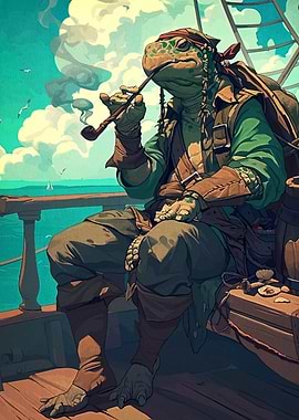 Turtle Pirate Smoking Pipe on Ship