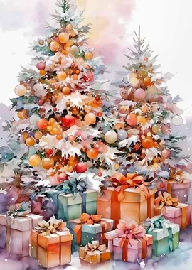 Watercolor Christmas Trees and Gifts